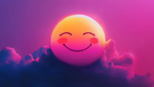Smiling emoji sun hovering above neon magenta twilight clouds