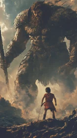 Colossal armored giant facing lone youth in volcanic haze