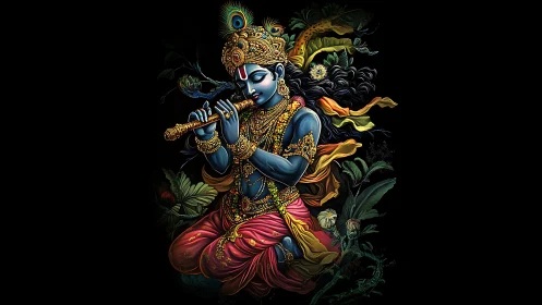 Graceful blue deity playing a golden flute in lush blooms.