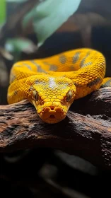 Golden python resting calmly on sunlit forest branch.