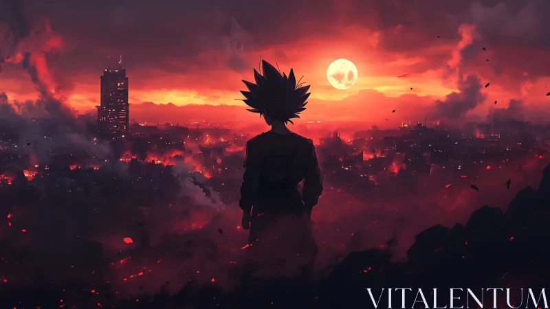 Silhouetted figure over burning city at red dusk skyline.