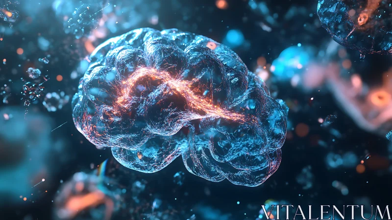 Luminous glass brain adrift in an electric cosmic tide.