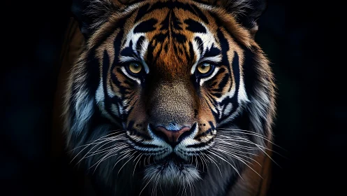 High-contrast frontal tiger portrait with low-key luminance control.