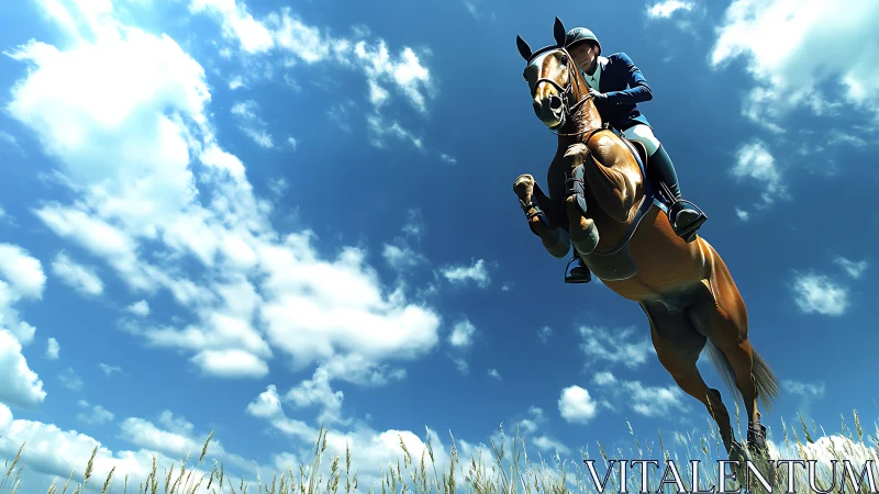 Equestrian jumper captured mid-air against expansive sky