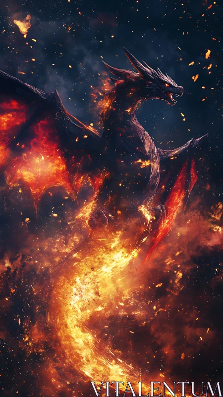 Inferno-winged dragon spirals skyward in molten starlight.