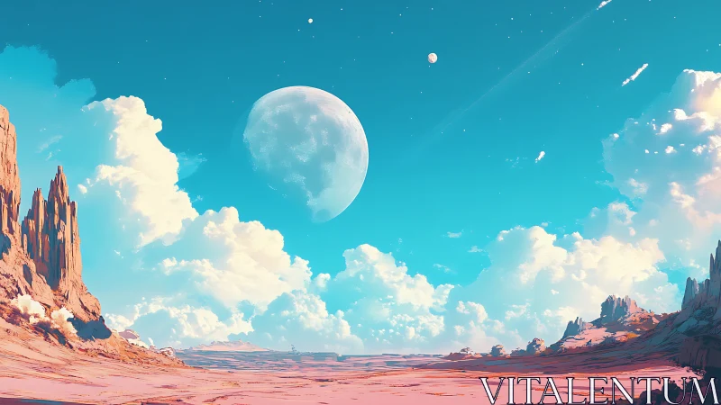 Soft alien desert opens under a bright moonlit sky