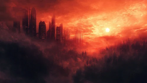 Post-apocalyptic megacity skyline in infernal red dusk haze