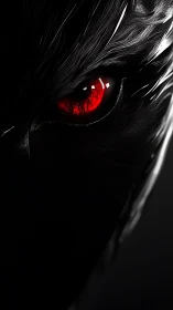 Red glowing eye embedded in dark, featherlike texture