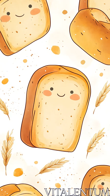 Cheerful Cartoon Bread Characters with Wheat.