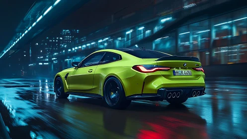 Bold lime-green sports coupe gliding through neon city streets.