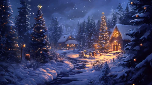 Snow-covered conifer forest village with glowing festive cabins