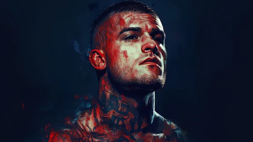Tattooed fighter gazes upward in bold neon red light