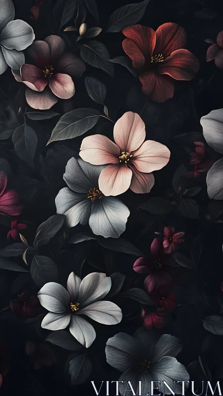Dark Botanical Study: Luminous Petals Against Black Nocturnal Foliage.