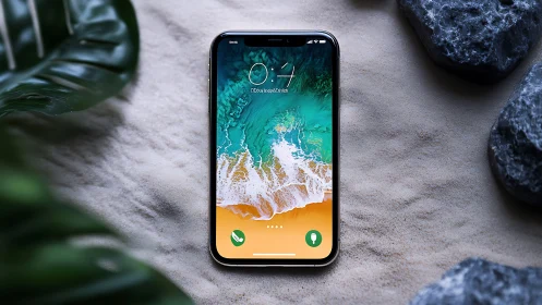 Smartphone displaying coastal landscape lock screen in minimalist design.