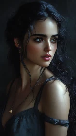 Soft-lit digital portrait captures pensive dark-haired woman