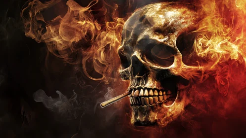 Burning skull with cigarette in swirling red and orange fire.