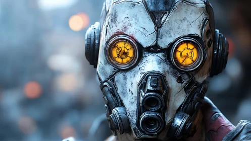 Close-up view of worn mechanical robot head with optics.