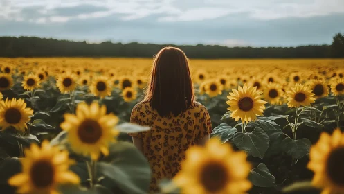 Woman Standing in a Sunflower Field at Sunset, Natural Style.