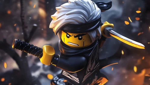 Lego ninja warrior brandishes glowing katana in battle