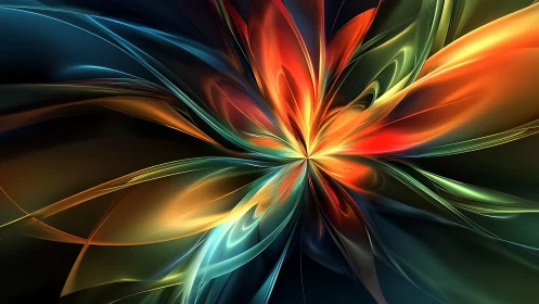 Radiant abstract flower explodes in luminous color arcs.