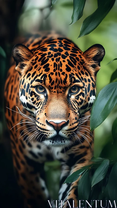 Gentle jaguar gaze emerging from lush green jungle.
