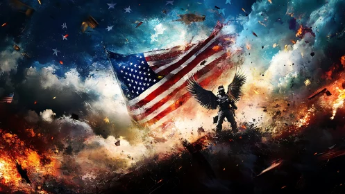 Digital painting of winged soldier and US flag in apocalyptic sky.