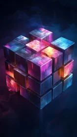 Glowing geometric cube cluster in neon blue and magenta.