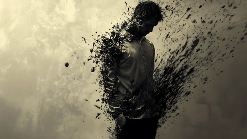 Thoughtful figure dissolving into a whirlwind of shadows.