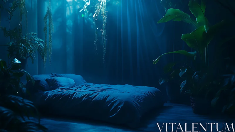 Moody blue jungle bedroom glows with misty nocturnal light