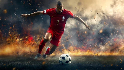 Explosive soccer striker charges forward through blazing smoke