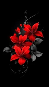 Red Flowers with Gray Leaves on Black Background.