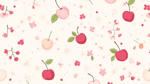 Cherry fruit and blossom motifs repeat on light background