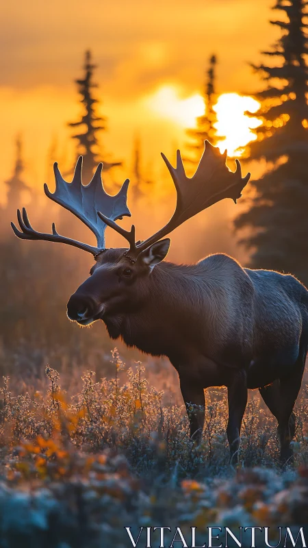 Golden sunset welcomes a calm moose in a quiet forest meadow