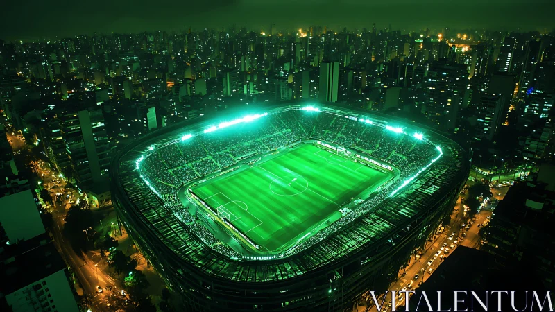 Emerald stadium halo crowns a sleepless, neon-drenched cityscape.