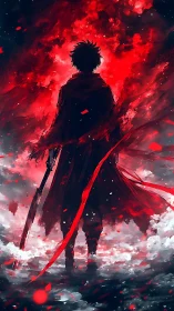 Backlit swordsman silhouette in red atmospheric energy field