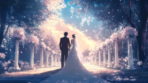 Couple standing in formal attire on flower-lined pathway.