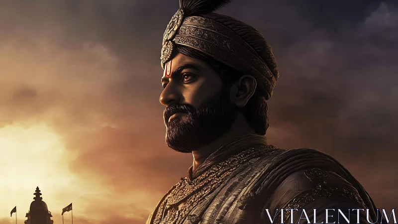 Regal warrior portrait under dramatic dusk sky with embossed armor