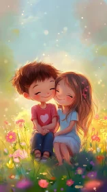 Two Children Embracing in Flower Meadow.