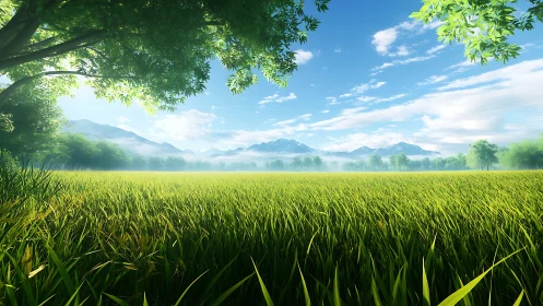 Sunlit mountain meadow under vivid blue summer sky.