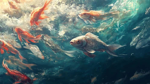 Hydrodynamic koi swarm in turbulent teal-lit aquatic vortex.