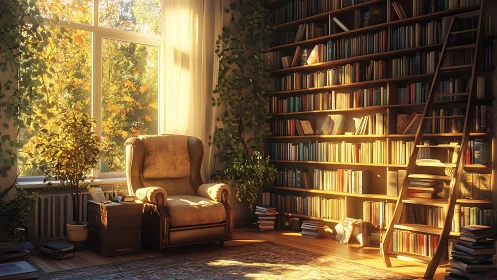 Autumn light defines a reading nook with library wall and ladder
