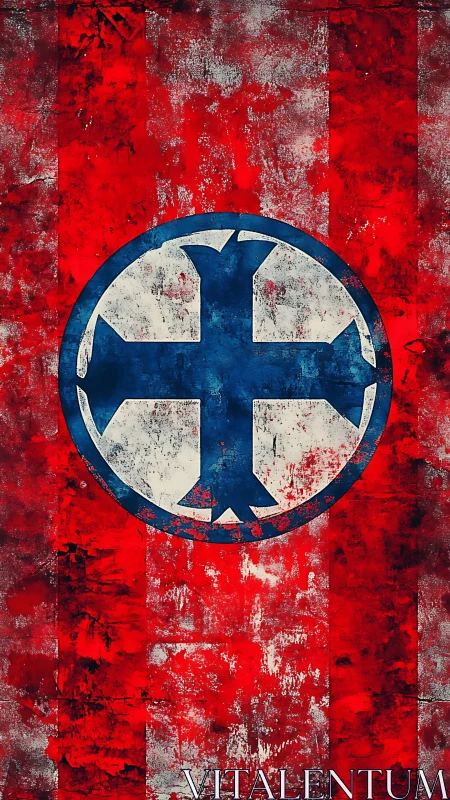 Grunge styled red flag with circular blue cross emblem centered