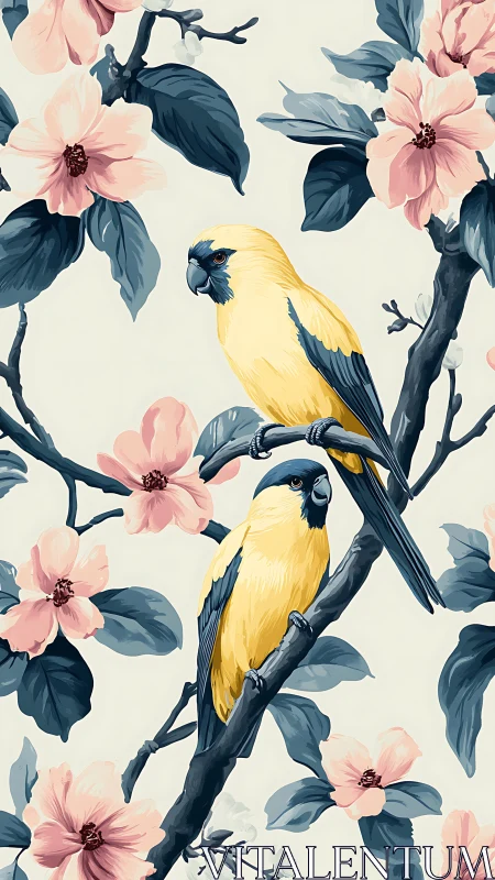 Yellow parrots amid pastel blossoms on stylized branches.
