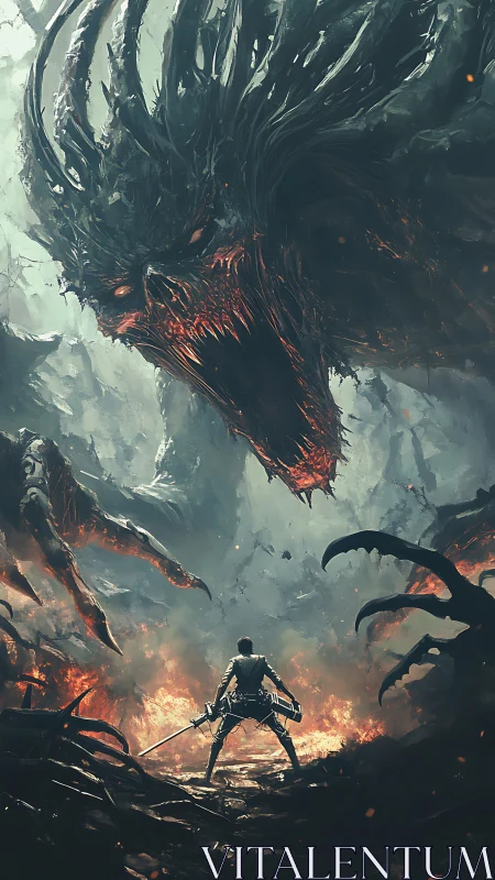 Armored warrior confronts colossal infernal dragon in flames