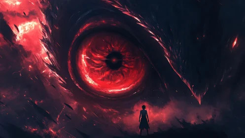 Lone warrior confronts colossal fiery demonic eye in void.
