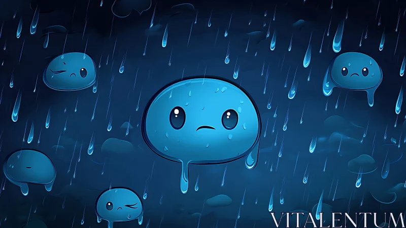 Sad blue raindrop characters falling through night storm.