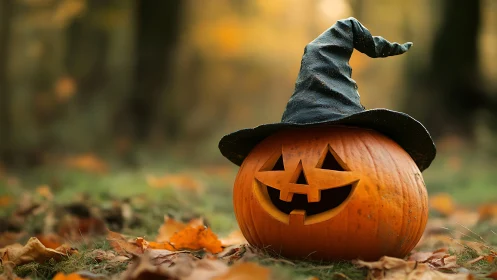 Carved pumpkin jack-o-lantern with witch hat in shallow-focus forest