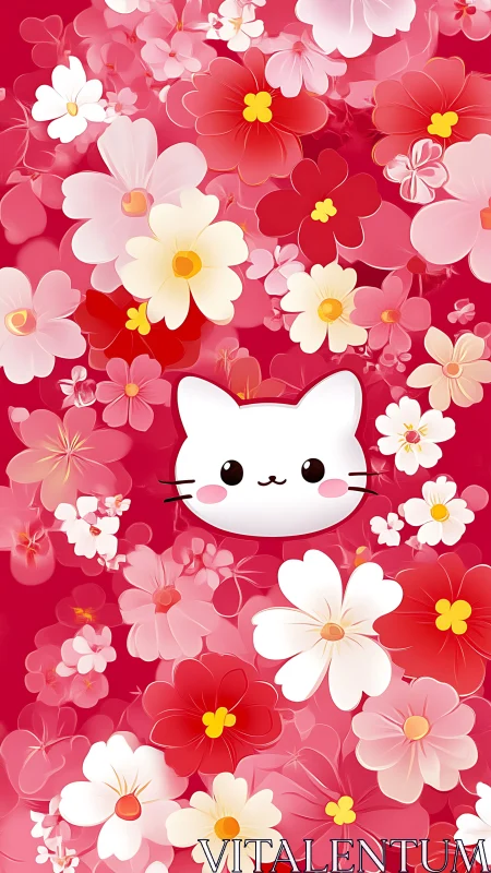 Kawaii Cat Dreams Among Blooming Floral Paradise.