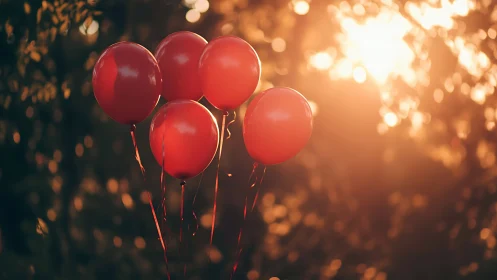 Translucent Red Balloons Suspended Against Bokeh-Saturated Golden Hour Ambient.