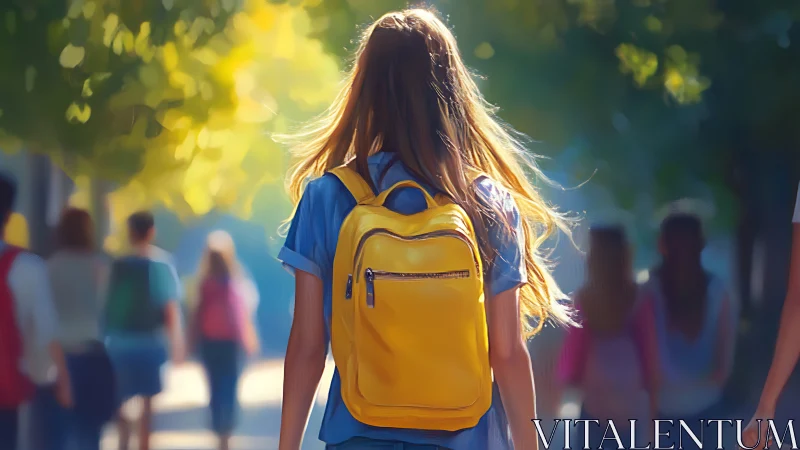Girl with Yellow Backpack Walking to School, Vibrant Morning Scene.